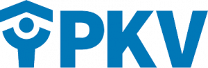 PKV_logo - Studio36 Logo der PKV in blauer Schrift mit stilisierten menschlichen Figuren und einem Dachsymbol.