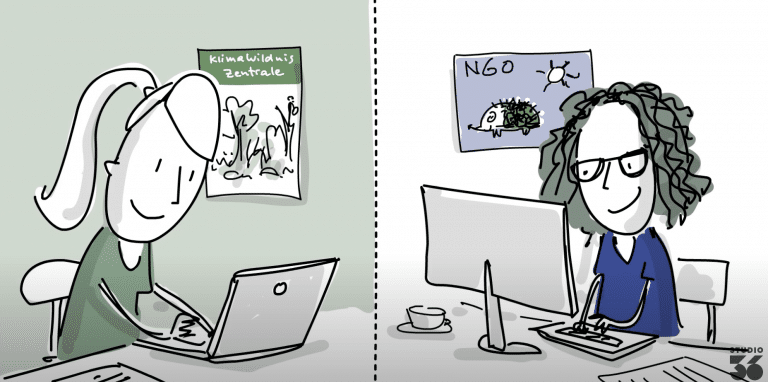 Zwei Personen am Computer, eine mit kurzem Haar und die andere mit lockigem Haar, arbeiten an einem Projekt für Klima Wil...