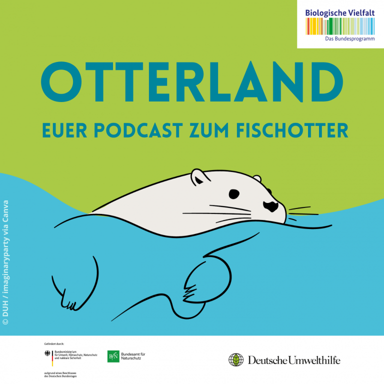 Grafik mit dem Titel "Otterland – Euer Podcast zum Fischotter", zeigt einen stilisierten Fischotter in einem blauen Wass...