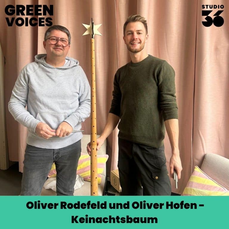 Zwei Männer stehen neben einem nachhaltigen Weihnachtsbaum aus Holz, lächelnd und bereit für die Dekoration.