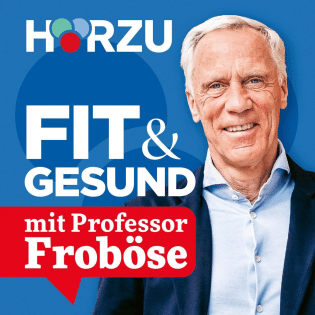 Professor Froböse lächelt vor einem blauen Hintergrund, umgeben von Text "FIT & GESUND".